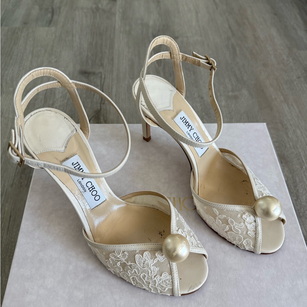 Jimmy Choo Ivory Lace Heels With Pearl Accent